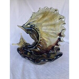 Sailfish Blown Art Glass Sculpture Dish 10 Inch MCM Retro Dark Brown Vintage